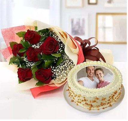 1 Kg Butterscotch Cake with Red Roses Bouquet