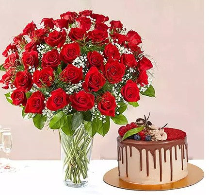 1 Kg Chocolaty Red Velvet Cake With 50 Roses Arrangement