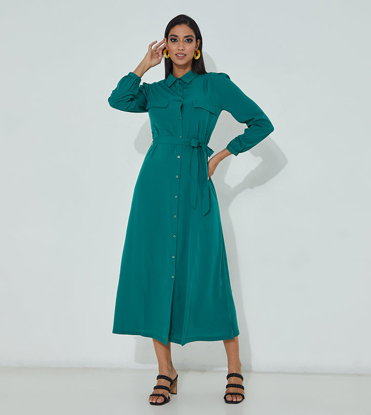 Aila Solid Belted Midi Shirt Dress