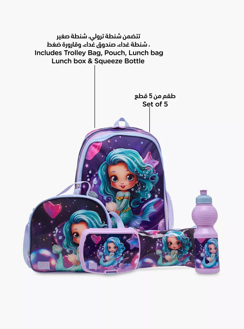 SAMI STUDIO Mermaid 5-Piece School Trolley Bag Set for Girls 5-8 Years with Lunch Bag and Pencil Pouch
