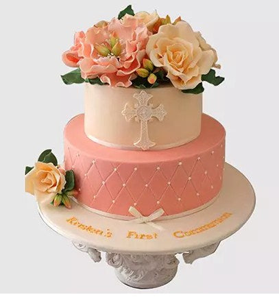2 Layered Floral Christening Chocolate Cake