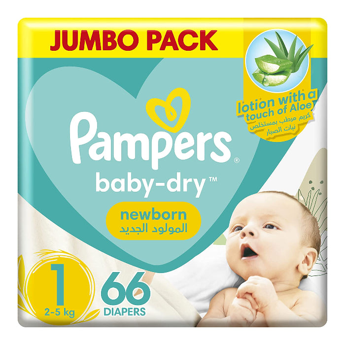 Pampers Baby Dry Newborn Diapers, Size 1, 2-5 kg, Jumbo Pack, 66 Diapers, with Wetness Indicator and Leakage Protection