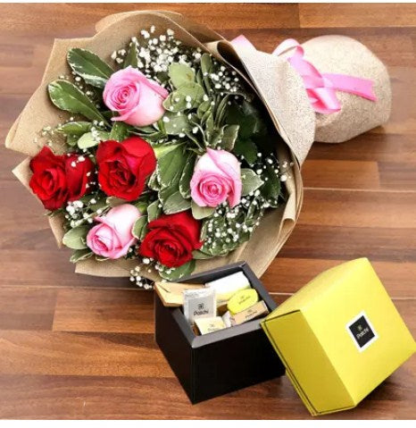 6 Pink Red Roses & Chocolates