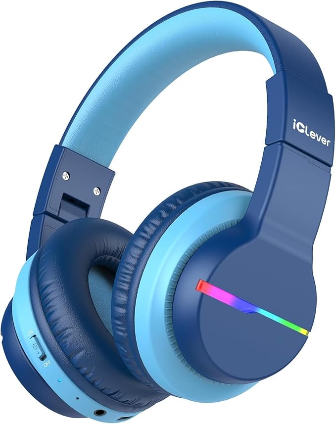 iClever Bluetooth Kids Headphones, BTH12 Colorful LED Lights Kids Wireless Headphones Over Ear with 74/85dBA Safe Volume, 85H Playtime, Bluetooth 5.2, Built-in Mic for iPad/School/Tablet/PC/Game