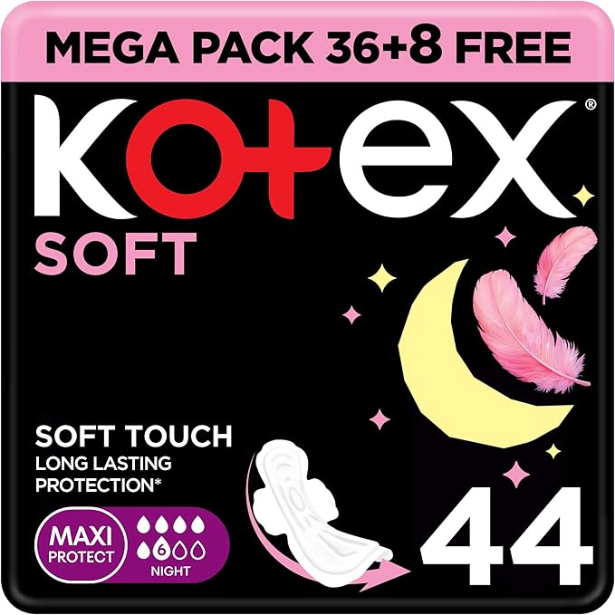 Kotex Soft Maxi, Overnight Protection Sanitary Pads with Wings, 44 Sanitary Pads, Feather-Touch Softness