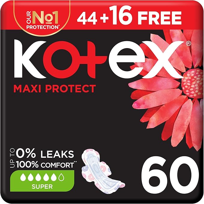 Kotex Maxi Protect Thick Pads, Super Size Sanitary Pads with Wings, 60 Sanitary Pads