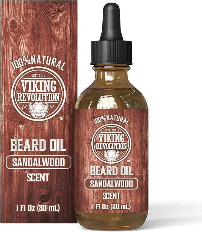 Viking Revolution Beard Oil Conditioner - All Natural Sandalwood Scent with Argan & Jojoba Oils - Softens & Strengthens Beards and Mustaches for Men (Sandalwood, 1 Pack)