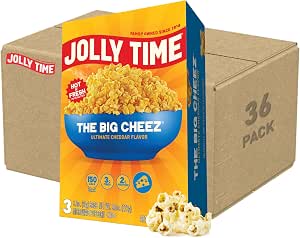 Jolly Time The Big Cheez, Cheddar Cheese Microwave Popcorn, 3.2oz Sharing Bag, 3 Bags Per Carton (The Big Cheez, 3.2 Ounce (Pack of 36))