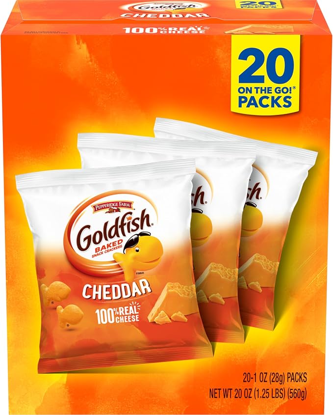 Goldfish Cheddar Cheese Crackers, Baked Snack Crackers, 1 oz On-the-Go Snack Packs, 20 Count Box