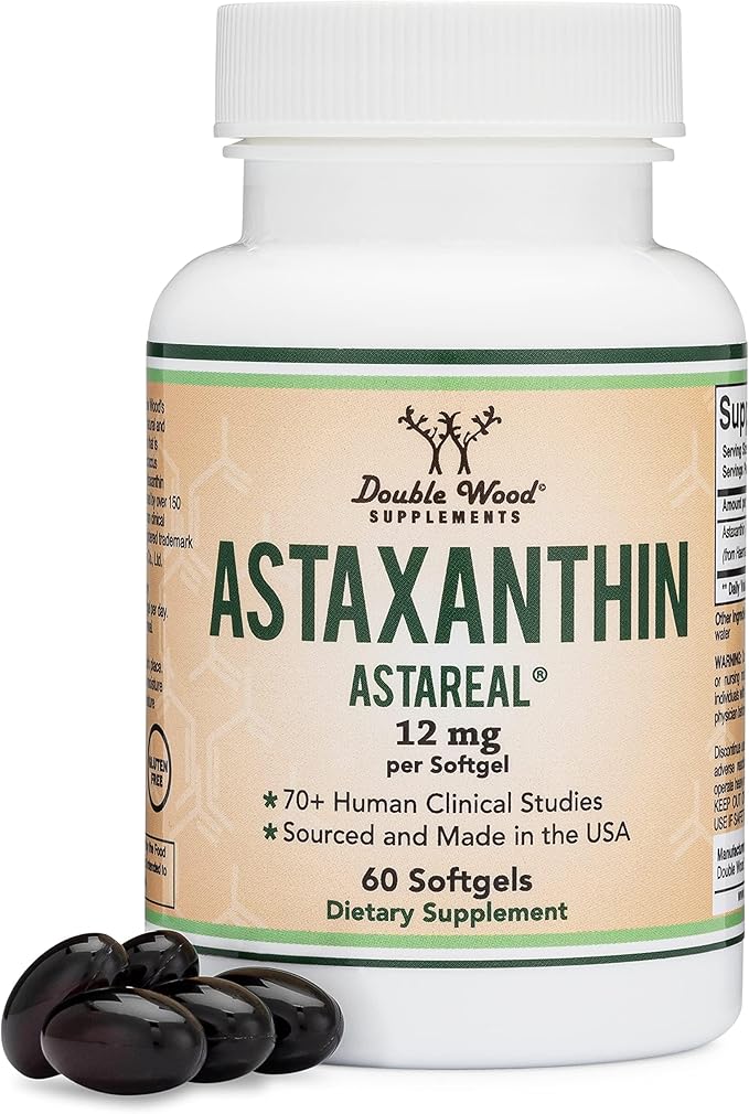 Double Wood Supplements Astaxanthin 12mg Max Strength (AstaReal: Natural Patented Astaxanthin with 70+ Human Clinical Trials - World's Most Studied Brand) Grown, Harvested, and Made in The USA