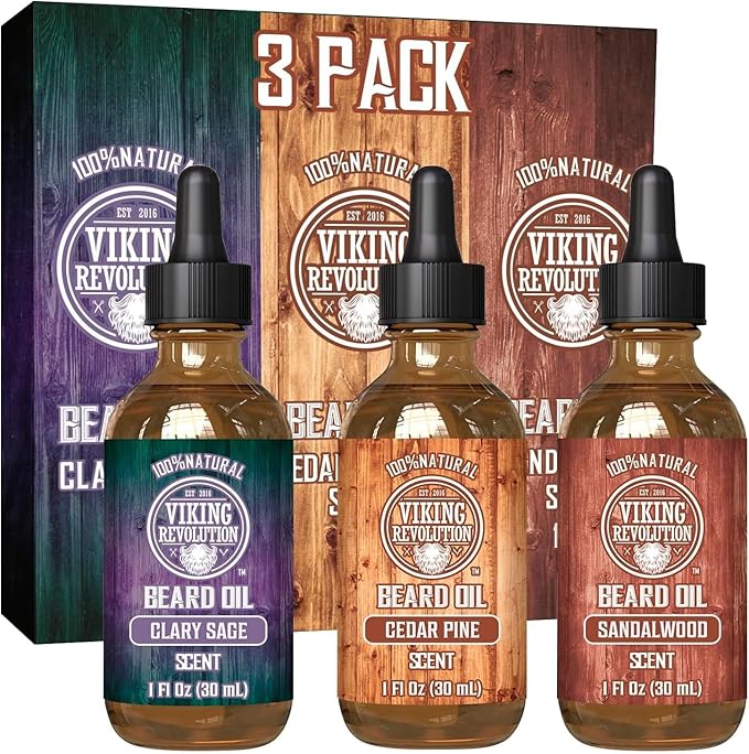 Viking Revolution - Beard Oil for Men 3 Pack - Natural Mens Beard Oil Variety Set - Sandalwood, Pine and Cedar, Clary Sage Scents - Beard Conditioning and Moisturizing for a Healthy Beard - 3 x 30 ml