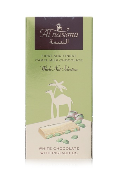 Al Nassma white camel milk chocolate with pistachios 70g
