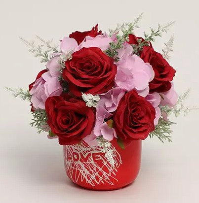Artificial Red Roses N Pink Hydrangea Vase Arrangement