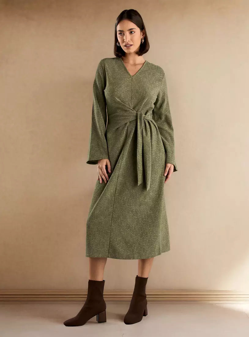 Textured Midi Dress with Side Tie-Up
