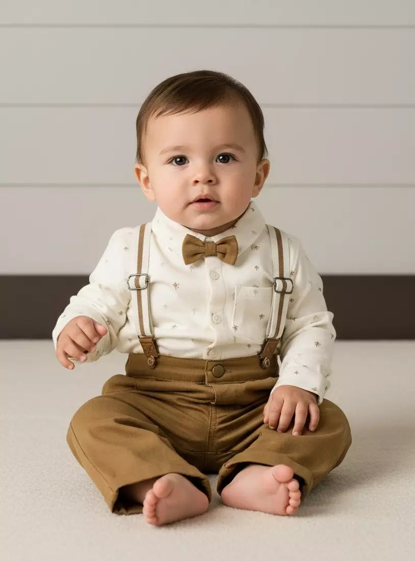 Palm Tree Print Shirt with Trousers and Suspenders