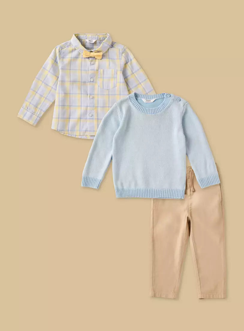 Checked Cotton Shirt with Sweater and Pants
