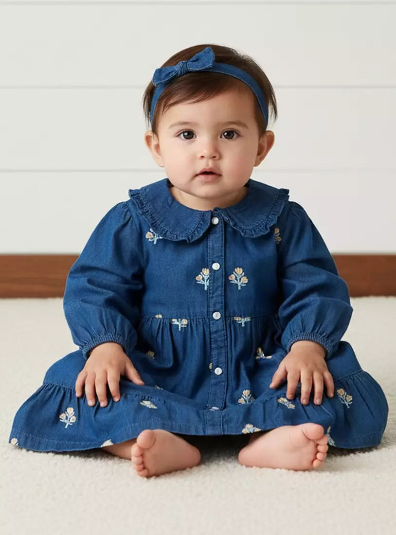 Embroidered Denim Dress with Headband