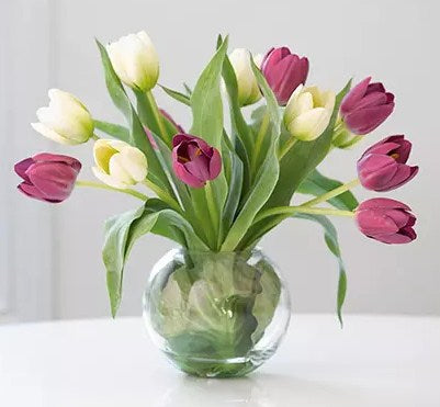 Beautiful Mixed Tulips Glass Vase