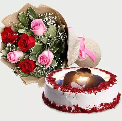 Beautiful Roses Bouquet & Red Velvet Cake