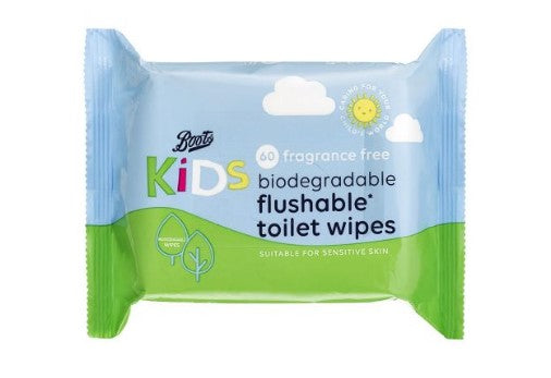 Boots Kids Fragrance Free Biodegradable Toilet Wipes, single pack = 60 wipes