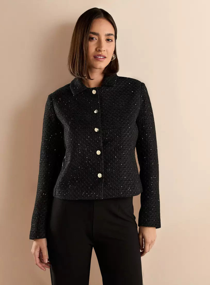 Embellished Button Through Tweed Jacket