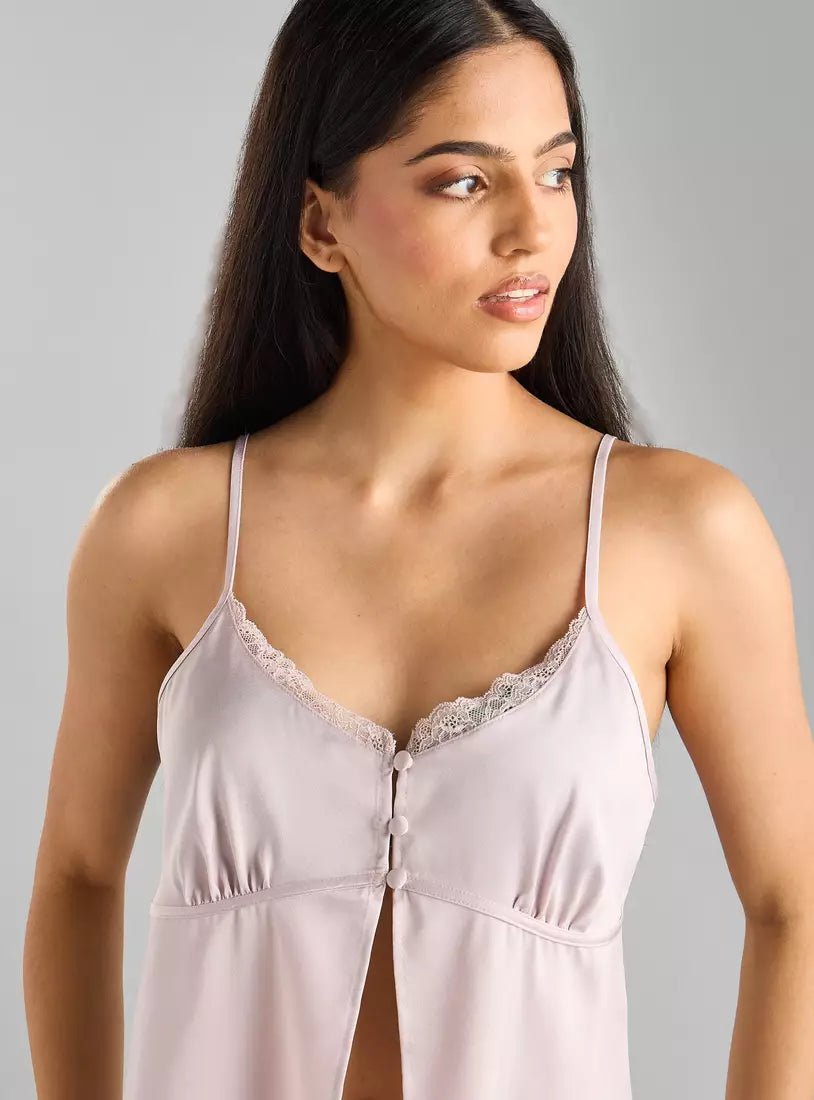 Plain Camisole Slit Top and Shorts Set