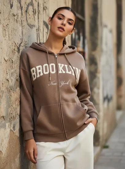 Brooklyn Print Zip Through Hoodie