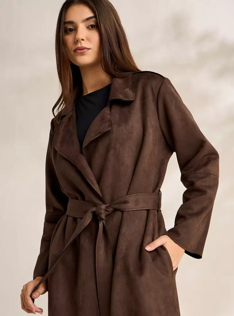 Plain Suede Trench Coat with Tie-Up Belt