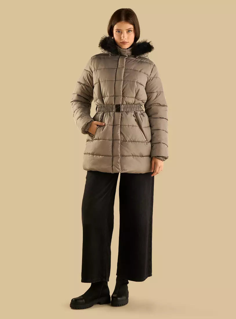 Plain Belted Puffer Jacket with Hood