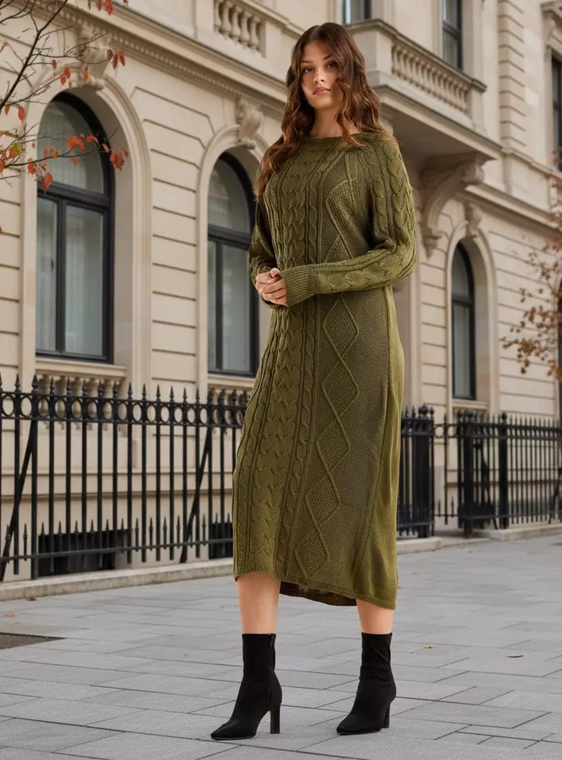 Textured Cable Knit Sweater Dress