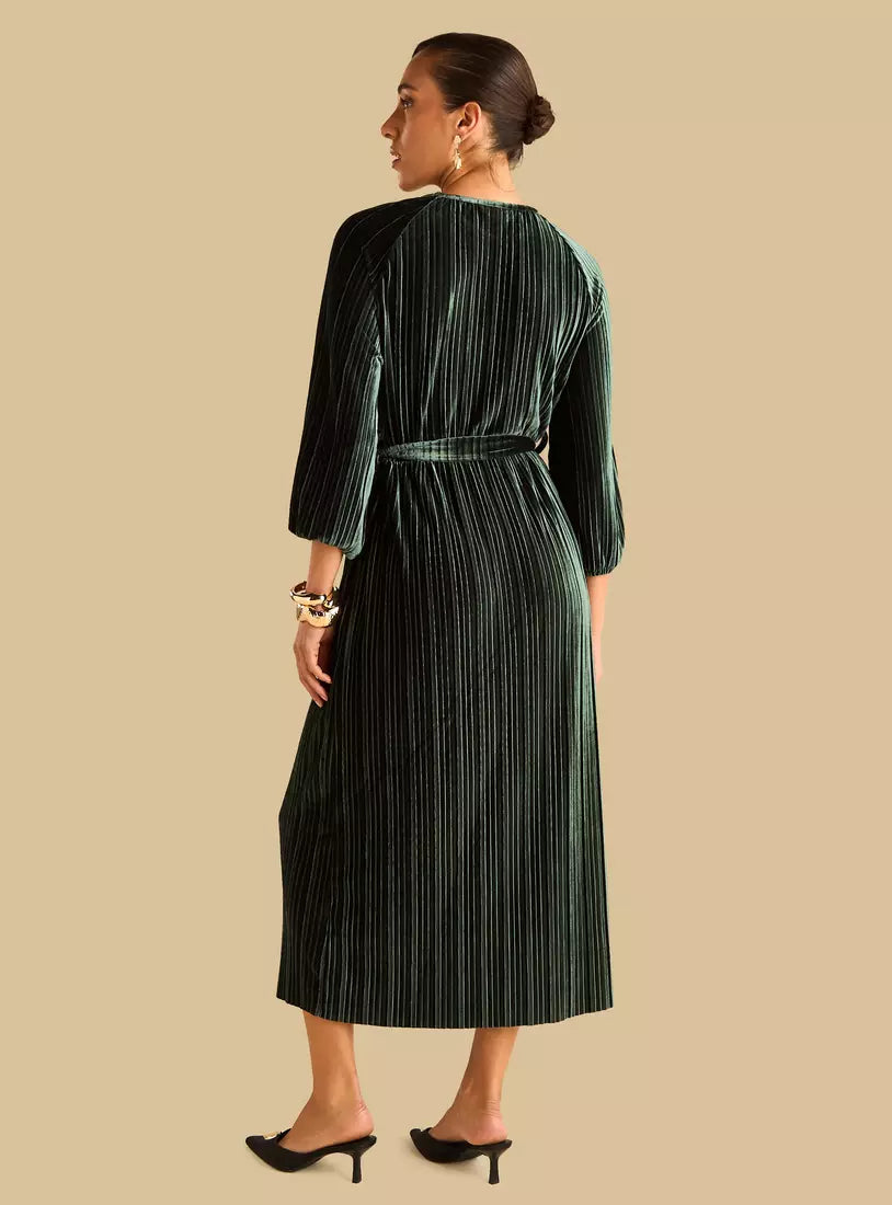 Pleated Velour Plisse Belted Dress