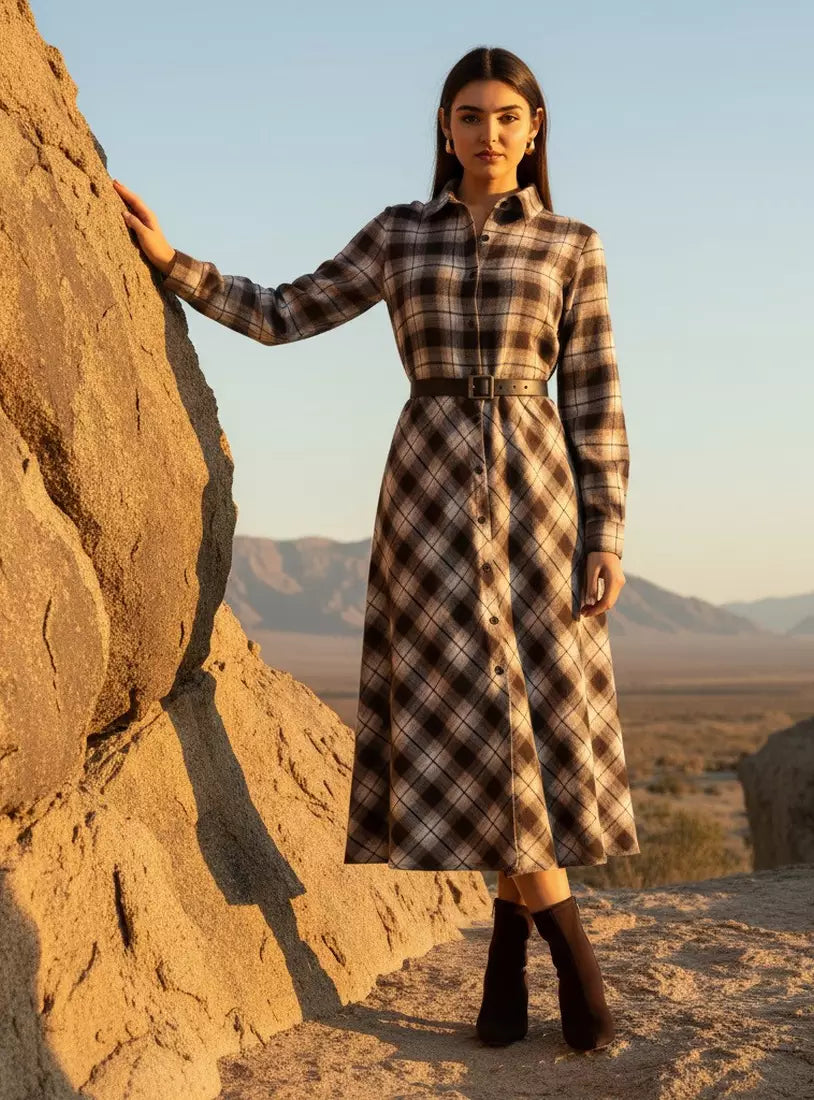 Checked Shirt Dress with Belt
