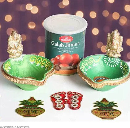 Designer Diya With Divine Stickers and Sweets