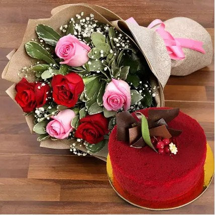 Pink and Red Roses with Red Velvet Cake