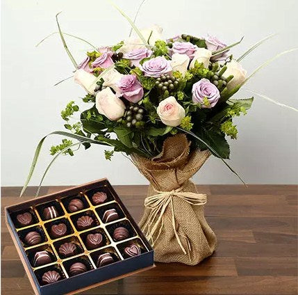 Purple and Peach Rose Bouquet With Chocolates