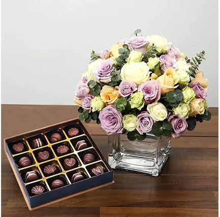 Purple and White Roses Array With Belgian Chocolates