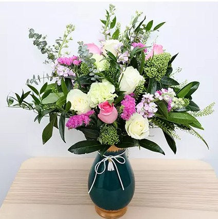 Roses N Carnations in Glass Vase