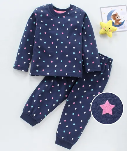 Babyhug Full Sleeves Cotton Night Suit Stars Print- Navy