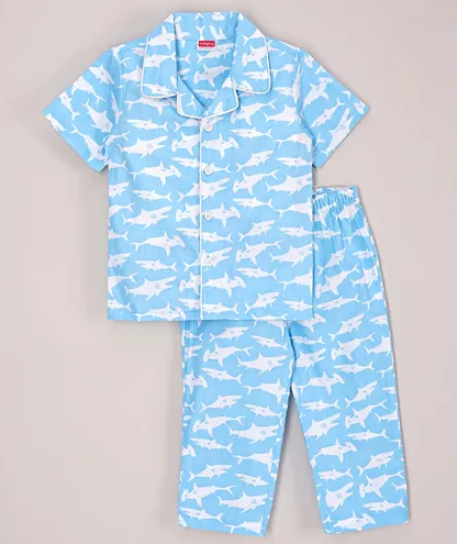 Babyhug Full Sleeves Shirt With Pyjama Sets Shark Print - Blue