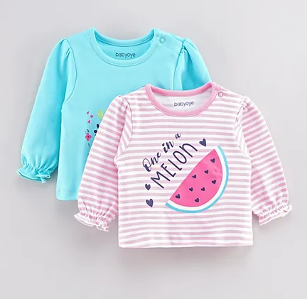 Babyoye Full Sleeves Cotton T-Shirt Fruits Print Pack of 2 - Pink Blue