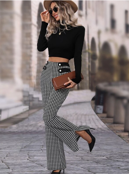 Houndstooth High Waisted Flare Leg Pants