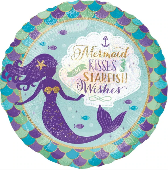 Mermaid Wishes & Kisses Holographic Foil Balloon 45cm