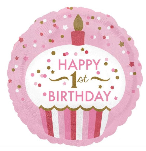 1st Birthday Cupcake Girl Holographic Foil Balloon 18in