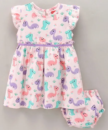 Babyhug 100% Cotton Short Cap Sleeves Dress With Bloomer Dino Print - Pink