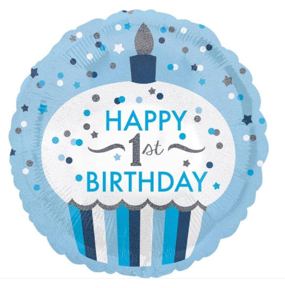 1st Birthday Cupcake Boy Holographic Foil Balloon 18in