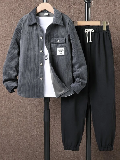 Boys Letter Patched Flap Pocket Shirt & Pants Without Tee