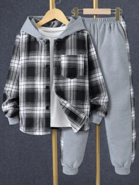 Boys 1pc Plaid Print Button Front Hooded Shirt & 1pc Sweatpants
