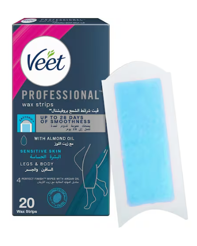 Veet Professional Hair Removal Easy-Gel Legs & Body Wax Strips With Almond Oil For Sensitive Skin Perfect Finish Wipes With Argan Oil Up To 28 Days Of Smoothness, 20 Wax Strips