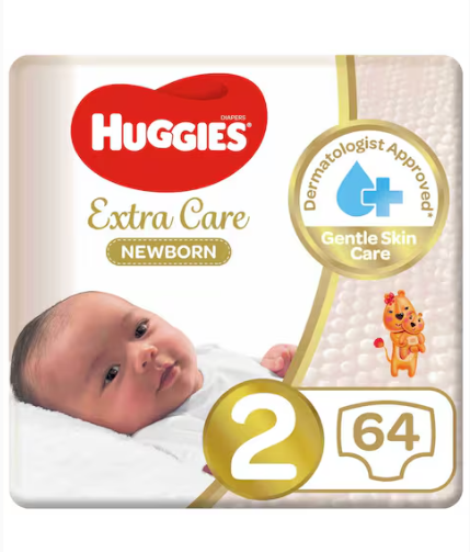 Huggies Extra Care Diapers Newborn Size 2 4-6kg Jumbo Pack 64 Diapers