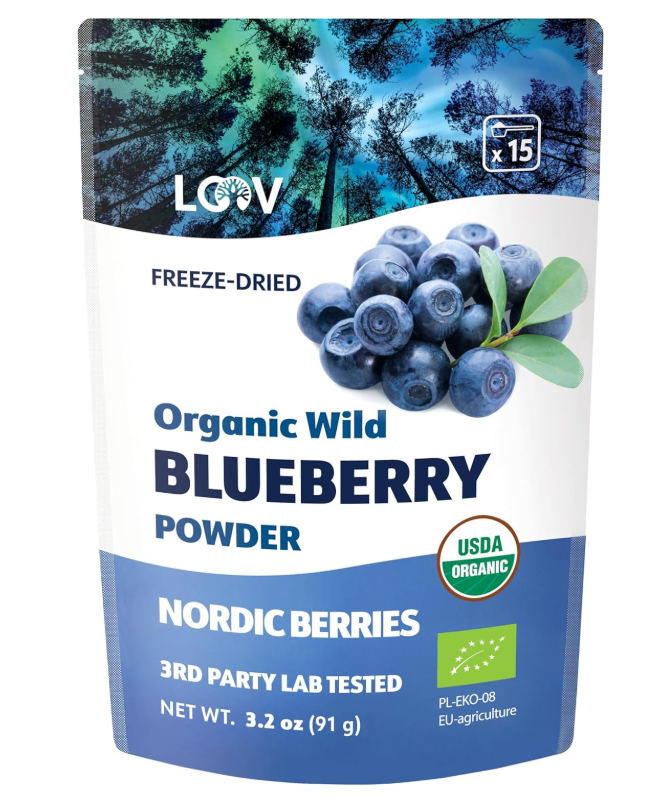 Wild Blueberry Powder Organic, wild-crafted from Nordic forests, 100% whole bilberry fruit, raw, 18-day supply, 3.2 oz, freeze-dried and powdered wild blueberries, high in anthocyanins, free e-book